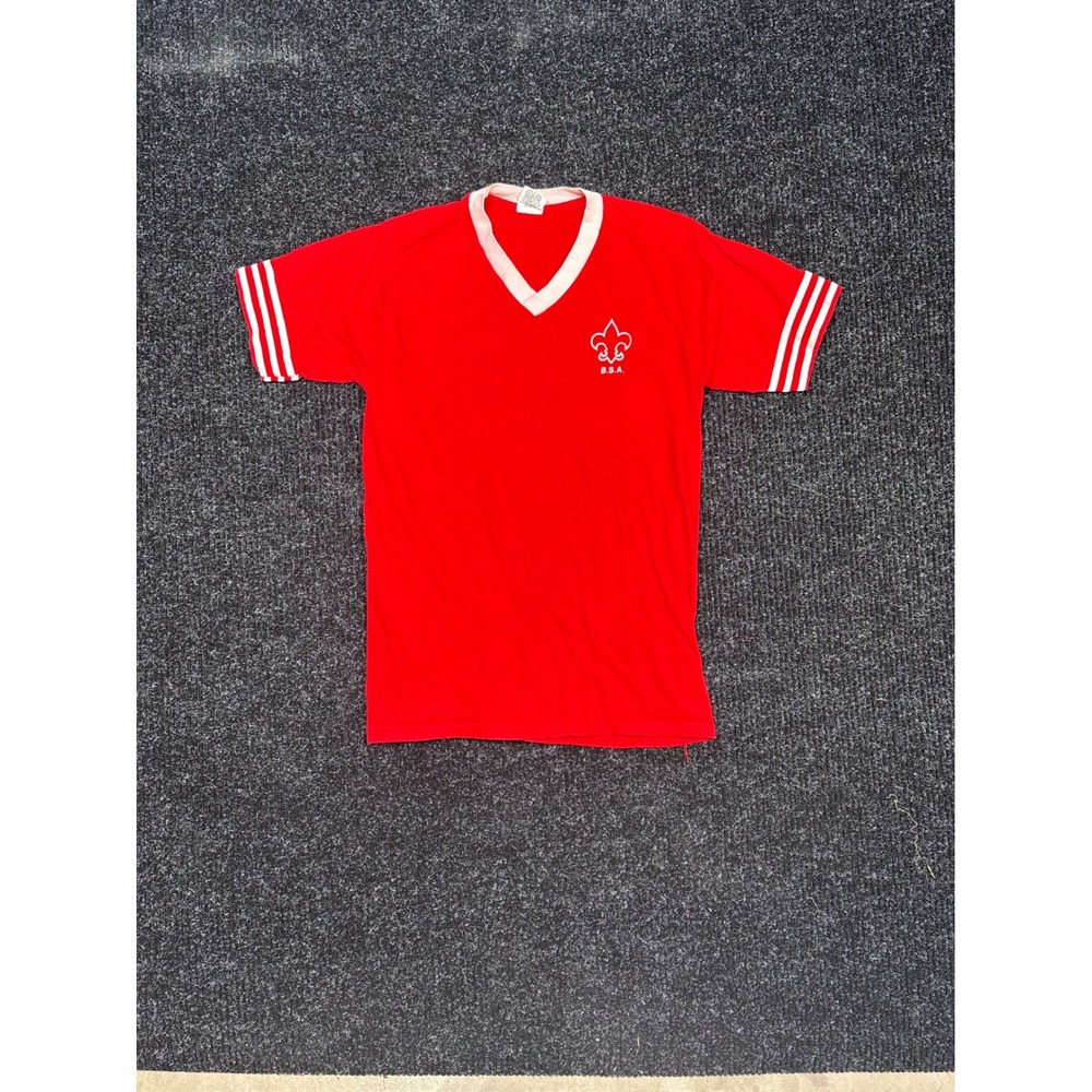 Vintage Boy Scouts of America BSA Ringer T-Shirt Red White V-Neck USA Made Large